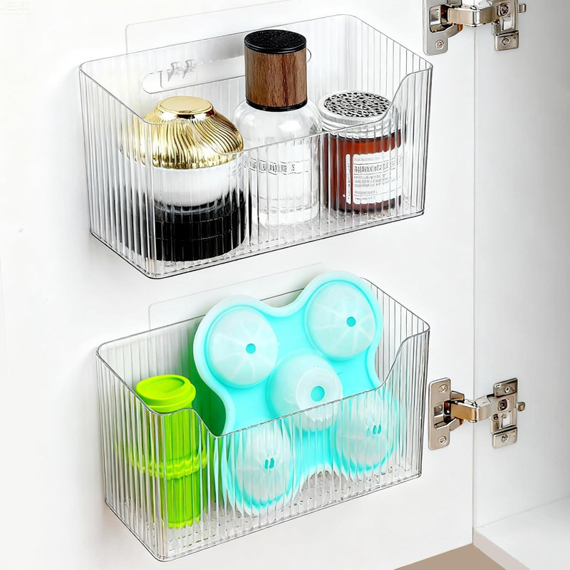 Lot de 2 bacs de rangement adhésifs pour portes de placard, transparents et empilables, pour la cuisine, la salle de bain, le garde-manger, le bureau et le plan de travail.