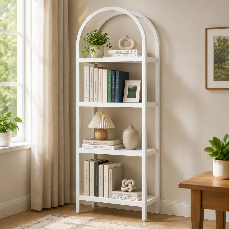Bibliothèque à 4 niveaux, bibliothèque arquée avec tablettes de rangement, Blanc