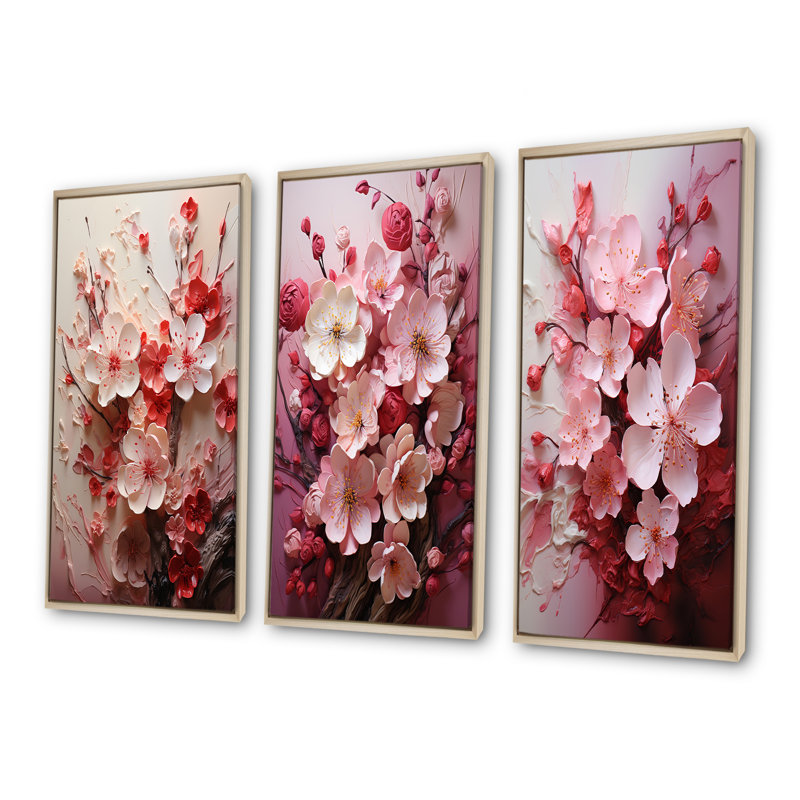 «Pink Orchard Tree Ballet Of Cherry Blossoms I», ensemble de 3 reproductions d'art mural cerisier, Cadre flottant brun