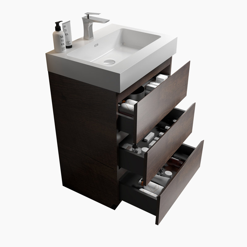 24'' Single Bathroom Vanity with Top, Walnut, White