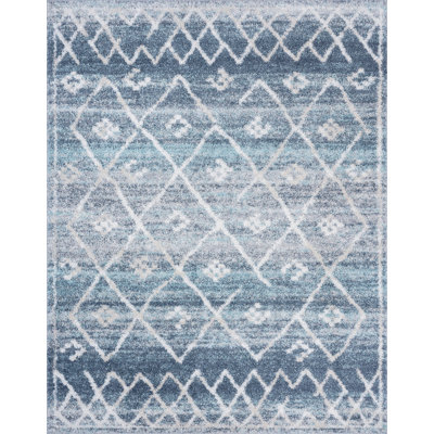 Tapis à poil long bleu / blanc à motif géométrique pour le salon, la chambre à coucher