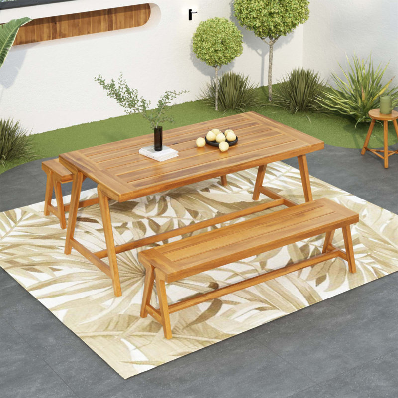 Ensemble de table de pique-nique d'extérieur 3 pièces, salle à manger de patio contemporaine en bois d'acacia avec bancs - toutes saisons et compacte pour balcon, terrasse, camping