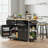 Black Three-Piece Kitchen Island Set With 2 Bar Stools + Power Outlet, Built-In Storage Shelves And Drawers, 5-Wheel Trolley With Folding Table, And 5 Side Shelves.-1135806250