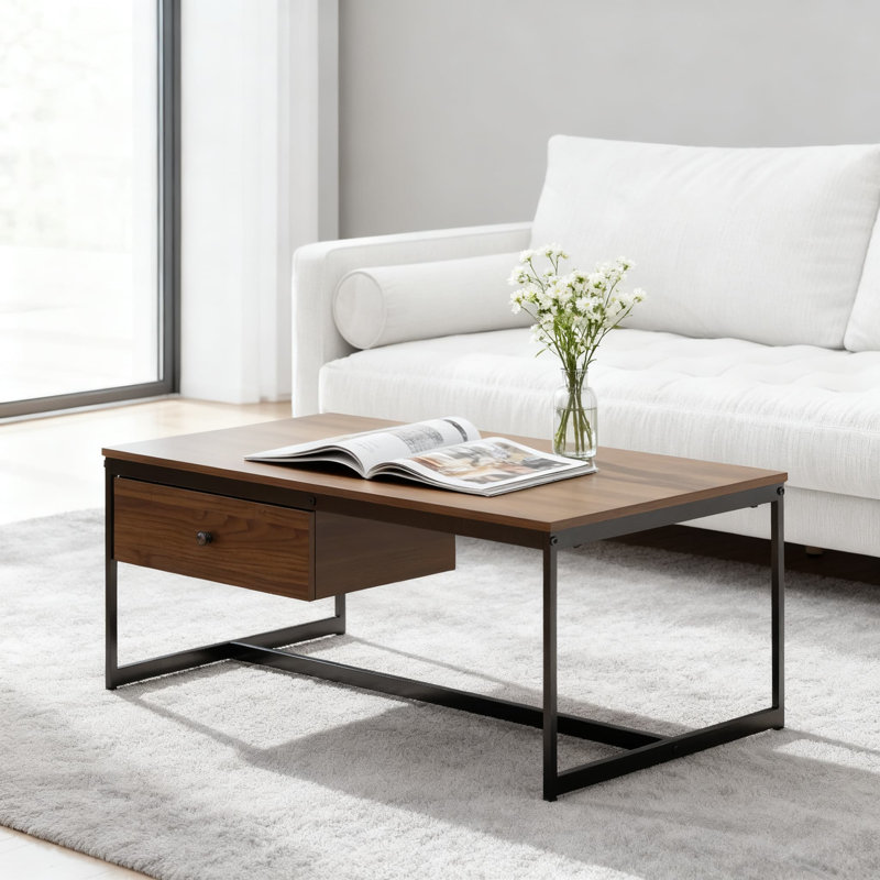 Industrial Modern Coffee Table With Drawer & Storage Shelf, Minimalist Wood Centre Table For Living Room, Durable & Space-Saving Design