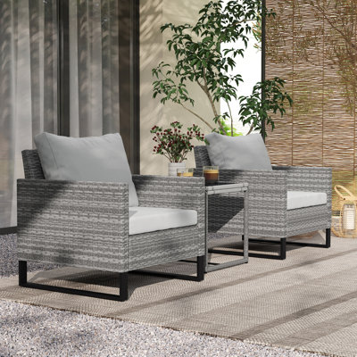 3 Pieces Patio Furniture Set, Wicker Conversation Bistro Set with 4 Soft Cushions, Rattan Chairs and Glass Coffee Table for Backyard, Porch, Poolside and Balcony, Gray