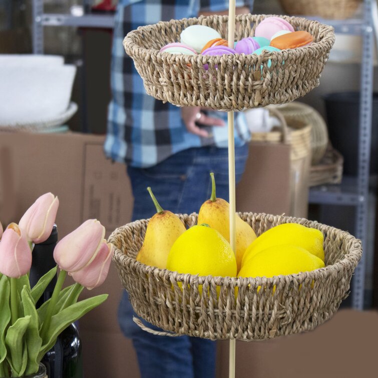 3-Tier Round Fruit Basket PVC Rattan in Natural Storage for Kitchen