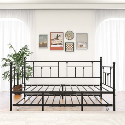 Metal Daybed Frame Twin Size Platform With Trundle , No Box Spring Needed Black