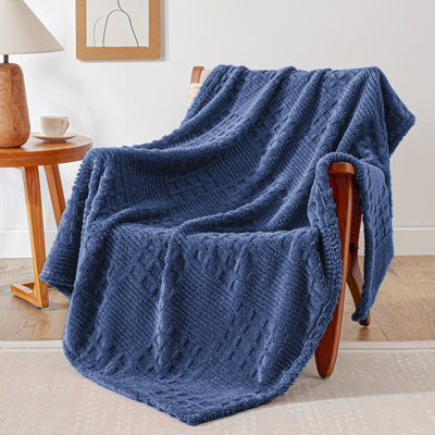 EXQ Home Waffle Pattern Fleece Throw Blanket for Couch or Bed Size 50"x60" Dark Blue