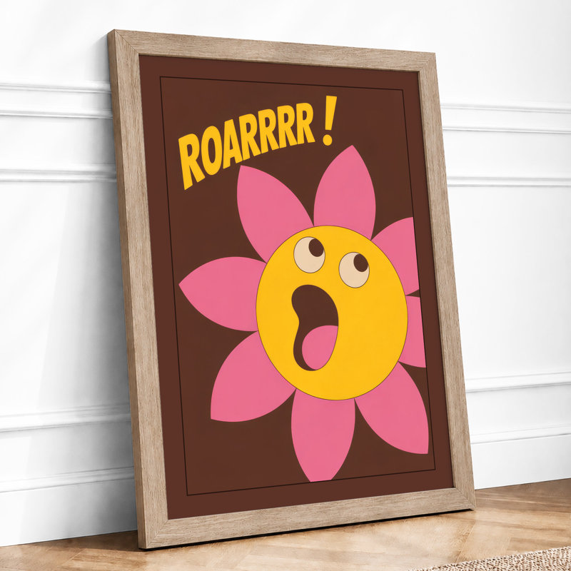 Cheerful Roaring Flower Cartoon - Framed Print, A1 - 84.1 x 59.4 cm, Oak