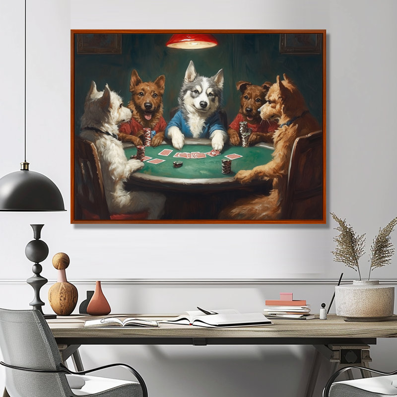 Chiens, jeu de poker - impression sur toile, animaux blancs, H 30 po x l 40 po, Cadre flottant, Brun
