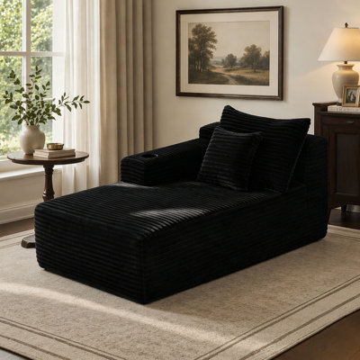 37.5-Inch Left Chaise Longue With Plush Black Velvet, Cup Holder, Flexible Matching, Mainly For Living Room Use.