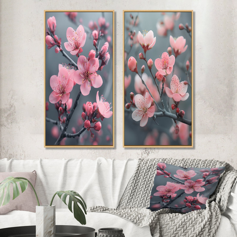Ensemble de 2 pièces monochromes de fleurs de cerisier gris dans le vent I - Fleurs de cerisier, H 32 po x l 32 po, Érable