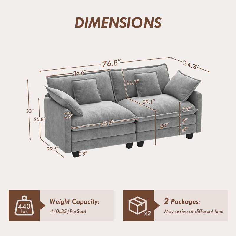 George 76.8" Chenille Modular Sectional Sofa, Gray