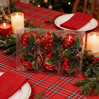 6 boules de Noël à motif écossais en forme de bison, ornements de Noël rustiques en mousse à carreaux, décorations en forme d'arbre de Noël pour décorations de fête d'anniversaire, 3,15 po de diamètre, style A5