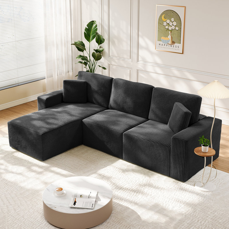 3 Seater Corduroy Sofa & Chaise, Black