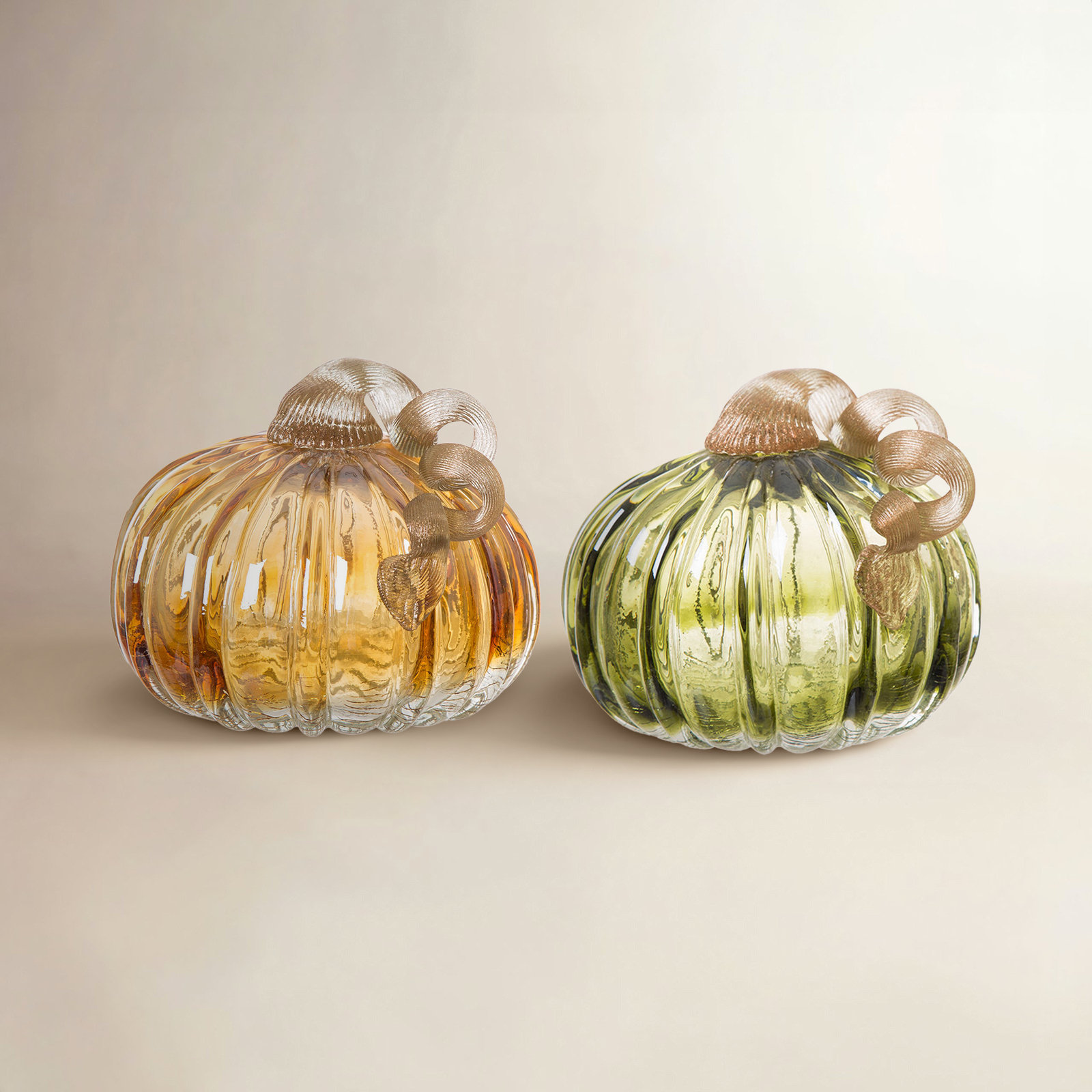 2-Piece Crackle Glass Pumpkin Set, 4.72" H x 5.91" W x 5.91" D, Green/Amber