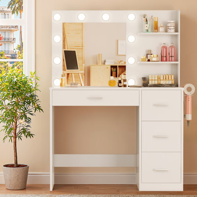 Makeup Vanity Desk with Mirror & Lights, Vanity Desk with 4 Drawers & Storage Shelves, 3 Color Modes by Ebern Designs