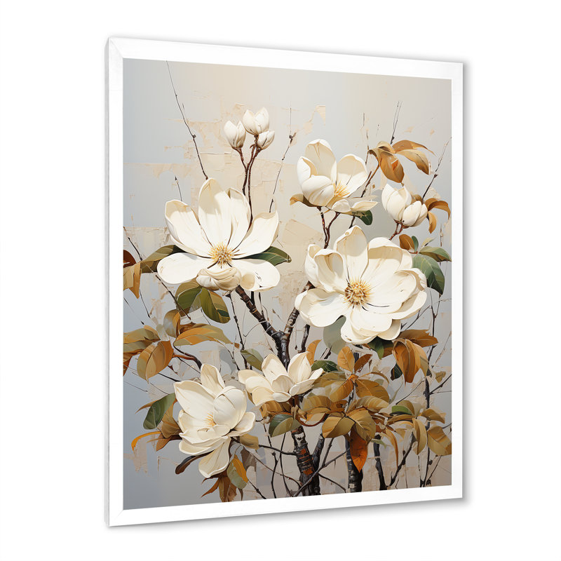 Mélodie douce de magnolia beige sur toile, Cadre simple blanc, H 40 po x l 30 po x P 1,5 po