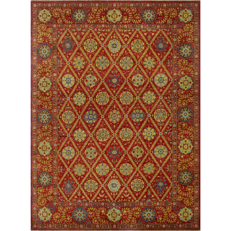 Tapis rouge en laine noué à la main de conception unique 9 pi x 11 pi 10 po Abrego