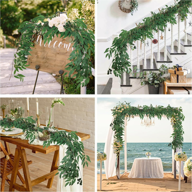 Artificial Willow Leaves Vine Twigs 2Pcs 5.7Ft Fake Hanging Ivy Plants Silk Green Leaf Rattan Garland Greenery Decor for Indoor Outdoor Home Wedding Arch Jungle Beach Birthday Party Garden