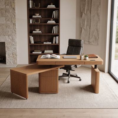 63"L Electric Standing Office Desk with 360-Degree Rotating Desk, Storage Shelf, Cabinet and Solid Wood Office Desk