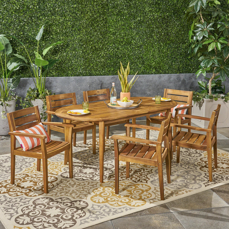 Bluffs 6 - Person Acacia Wood Patio Dining Set with Rectangular Table, Teak