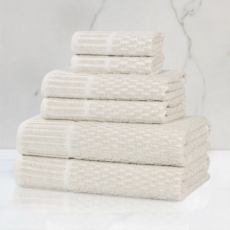 Juno Viscose Cotton Blend Medium Weight Textured Checkered Ribbed Border Towel Set, 6 Piece Towel Set, Beige