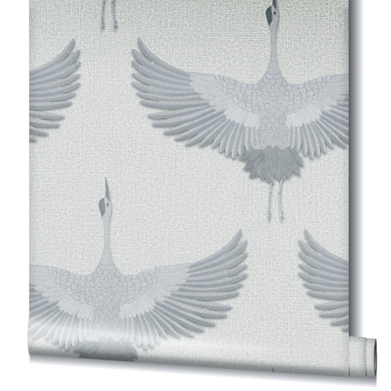 Kumano Pearleascent 3D Embossed Stork Design Wallpaper Roll, Gray