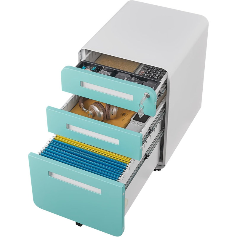 3-Drawer Mobile File Cabinet with Lock and Wheels, Rolling Office Organizer, Blue/White