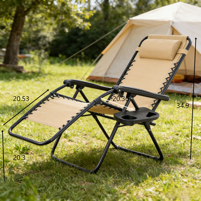 This 2-Piece Portable Outdoor Lounge Chair Set Includes A Cup Holder, Tray, And Adjustable Pillow, Suitable For Use In Gardens, Patios, And Camping.