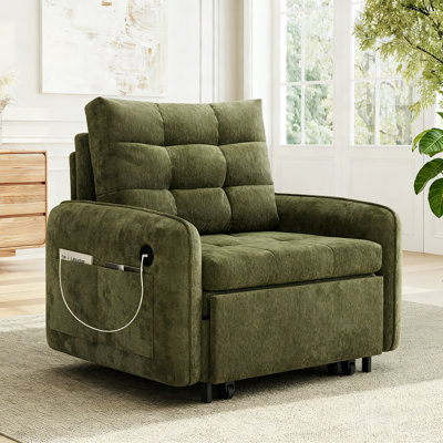 3-In-1 Convertible Sleeper Chair Bed, 80" Pull-Out Chenille Single Sofa With USB Ports, Storage Pockets & Box