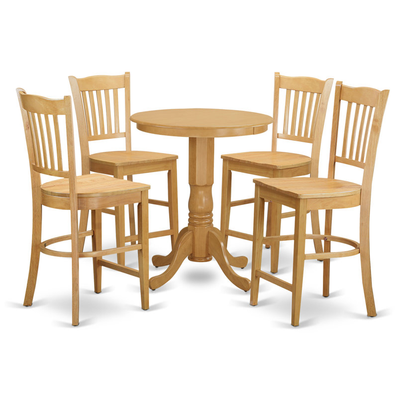 Ensemble de comptoir de cuisine 5 pièces comprenant une table de salle à manger ronde avec piédestal et 4 chaises de salle à manger, chêne