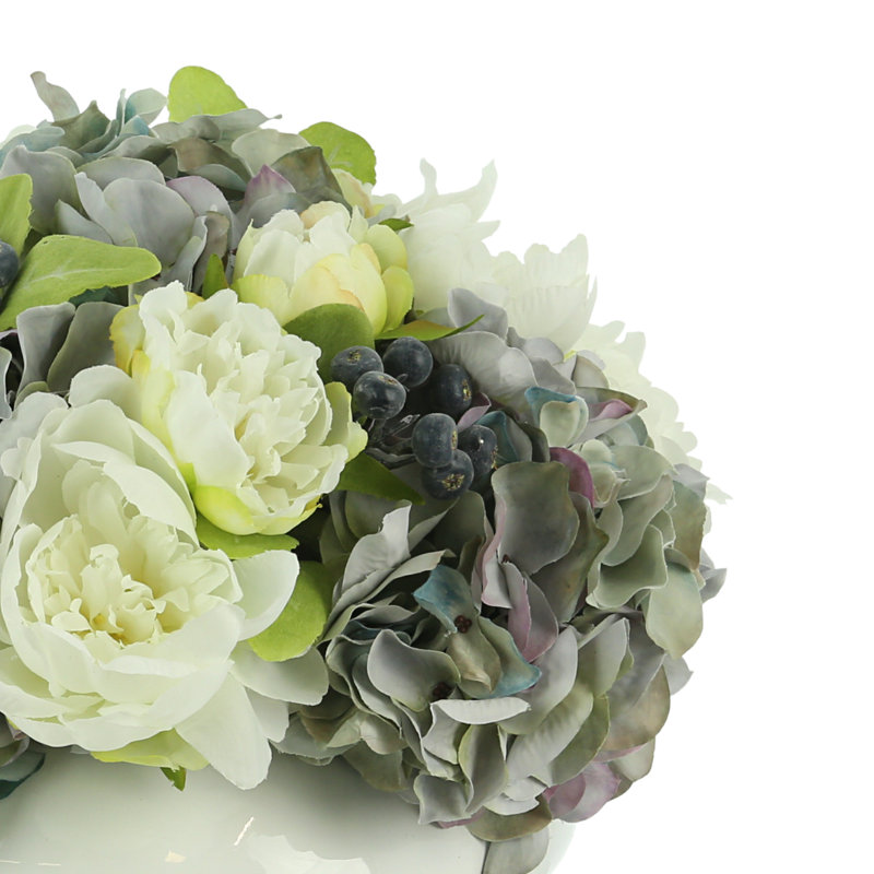 Hydrangeas, Peony And Blueberry In A White Pot, 11" H x 13" W x 13" D