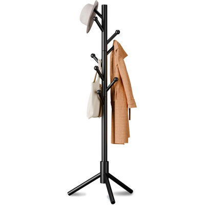 Coat Racks Freestanding with 8 Hooks 3 Adjustable Heights for Clothes, Hats, Handbags, Coat Tree Easy Assembly (Black)