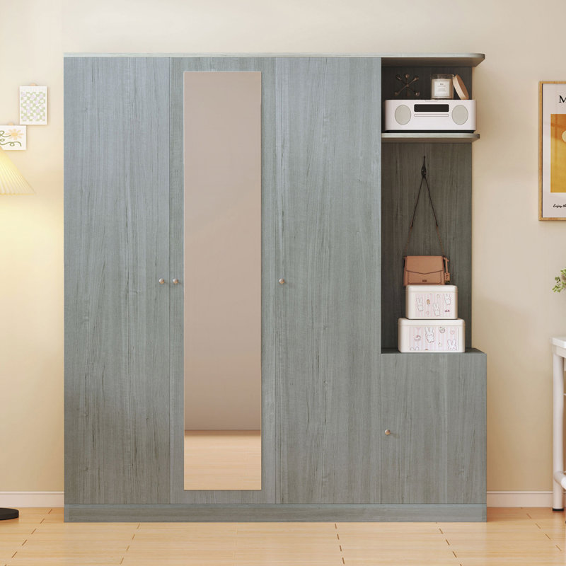 Armoire 4 portes avec tablettes, tiroirs et miroir pleine grandeur, Gris
