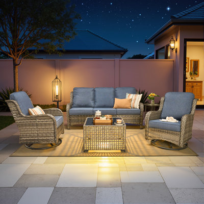 5-Person Outdoor High Back Seating Group With Cushions,Swivel Rockers And Led Coffee Table, All-Weather Wicker Patio Set