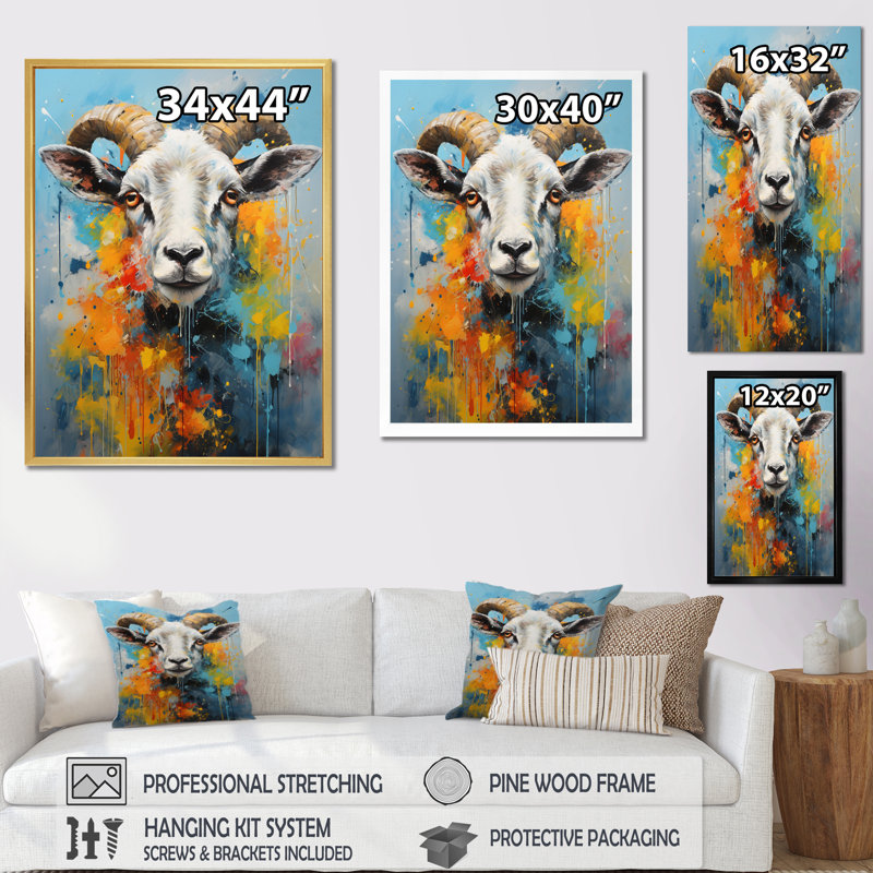 Décoration murale jaune mouton jaune et expressionniste, H 44 po x l 34 po, Encadrement doré