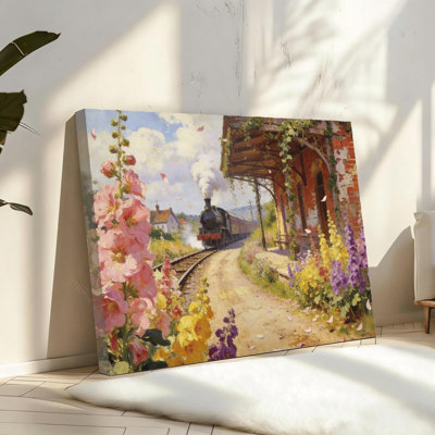 Vintage Train Station Flowers Canvas Solid Wood Frame Support Wall Art For Bathroom 16"X24" Green