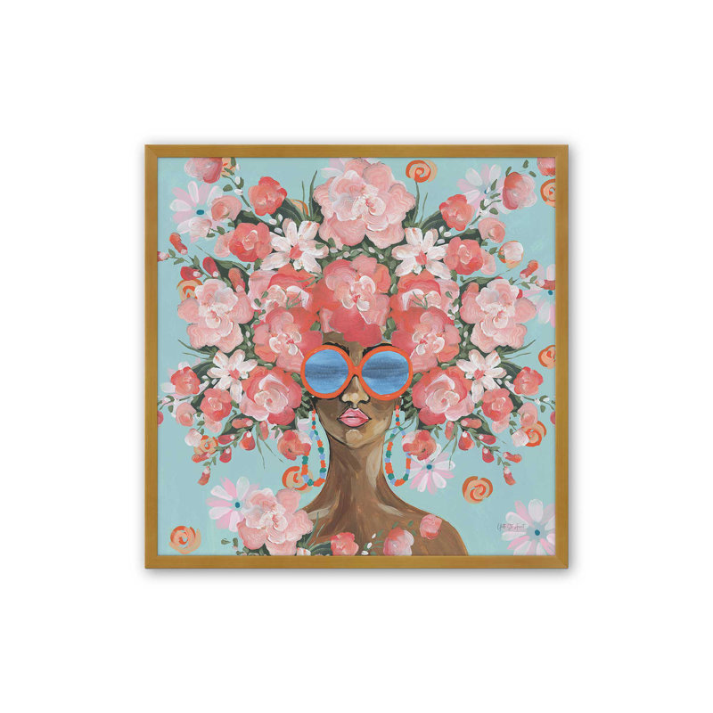 «Sunning In Florals I» par Yvette St. Amant, reproduction d'art, H 20 po x l 20 po, Doré