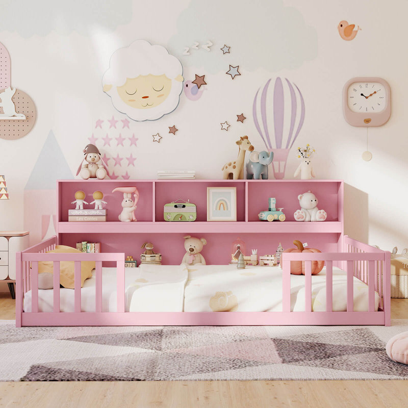 Lit double sur pied Montessori avec étagères de rangement et barrière de sécurité, Full, Rose