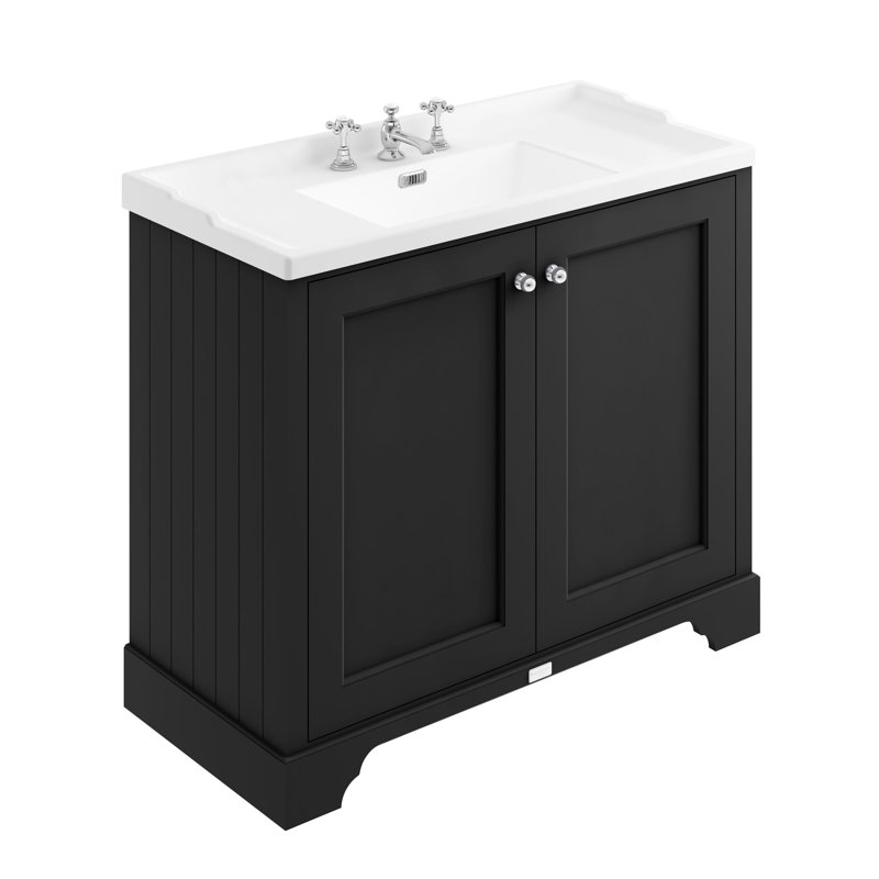 Bayswater 1000mm Matt Black 2 Door Floor Standing Cabinet With 3 Tap Hole Square Basin, Matt Black