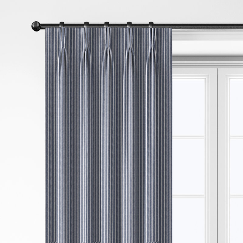 Walker Ticking Stripe Indigo/Ivory Cotton Pinch Pleat Drapery Panel Set of 2, Indigo/White, 40" W x 48" L