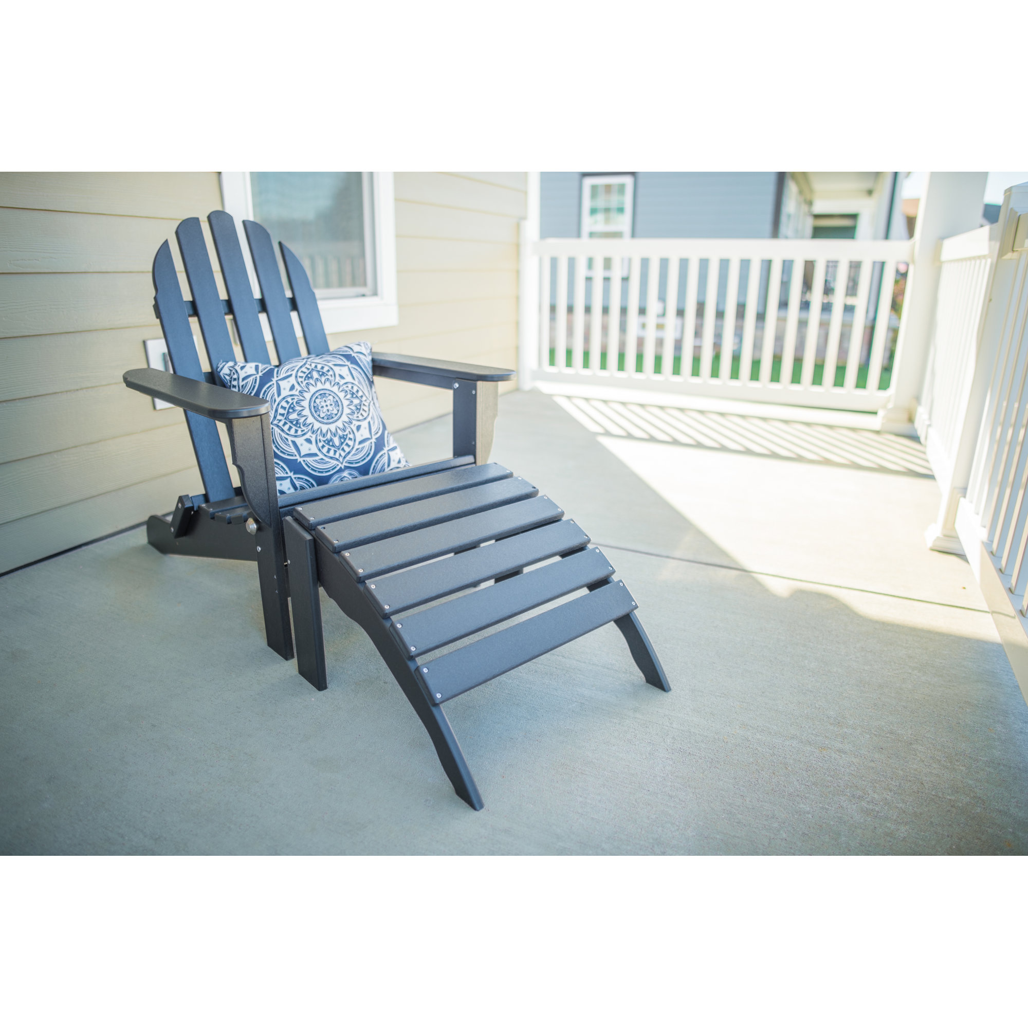 Leighton Foldable Outdoor Adirondack Chair With Ottoman, Black