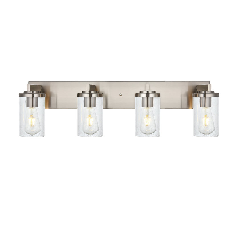 Éclairage pour salle de bain 4 lumières au fini noir mat, miroir de style campagnard rétro avec abat-jour en verre transparent.