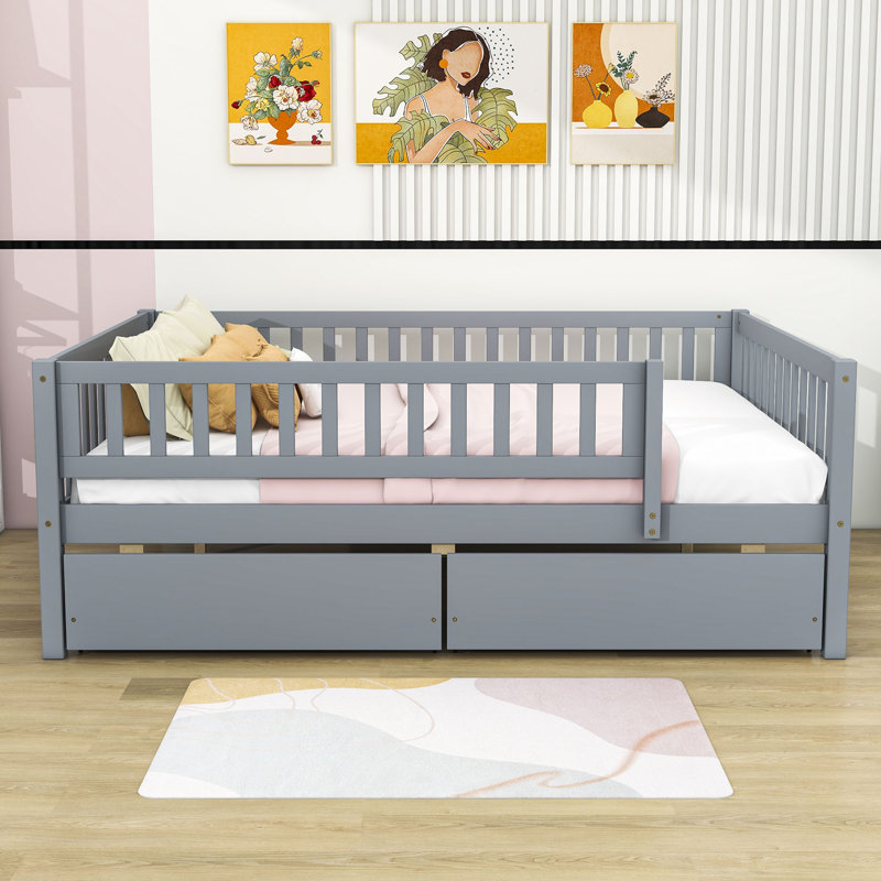 Full Size 2 Drawers Wooden Daybed with Fence, Gray