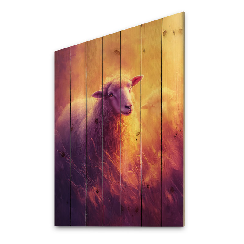 Lavender Sheep At Sunrise I - Sheep Wood Wall Decor - On Natural Pine Wood, 20" H x 10" W x 0.78" D