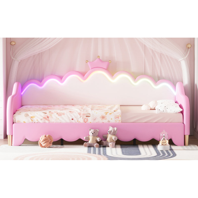Twin Extending Daybed With Led Lights, Modern Upholstered Princess Daybed With Crown Headboard, Pink