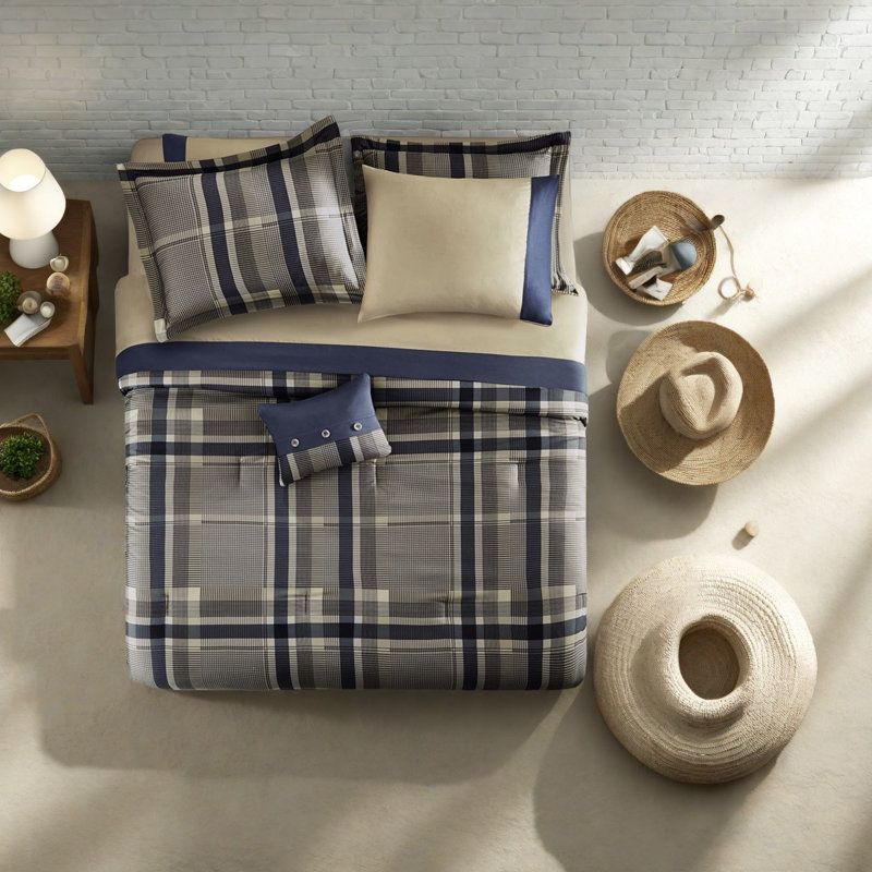 Ensemble de literie en polyester hypoallergénique, motif écossais bleu marine, parfait pour les chambres à coucher modernes