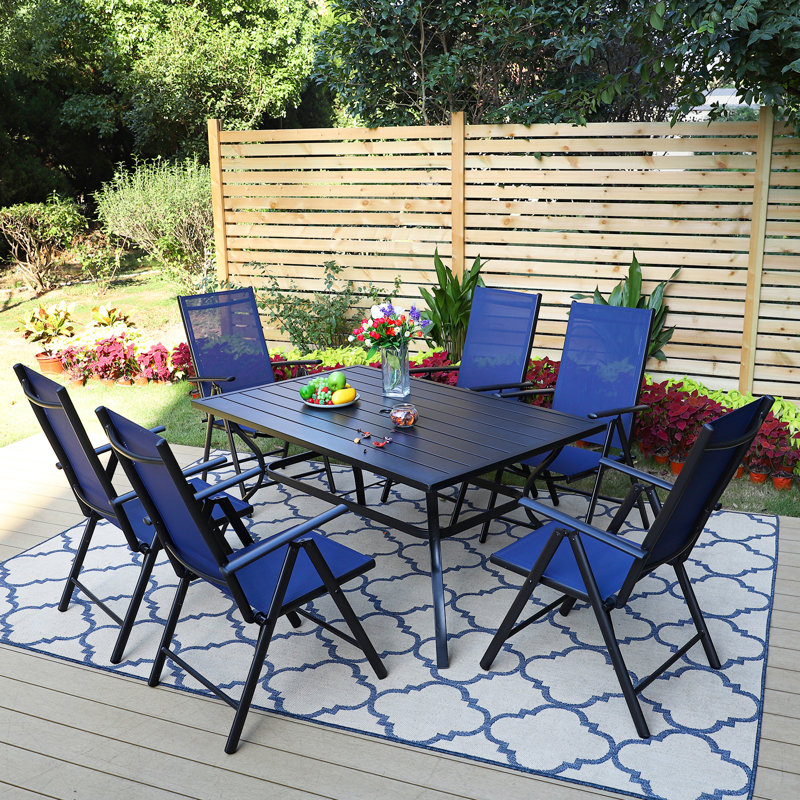 6 - Person Patio Dining Set Umbrella Hole Included Rectangular Table, Horizontal, Navy Blue