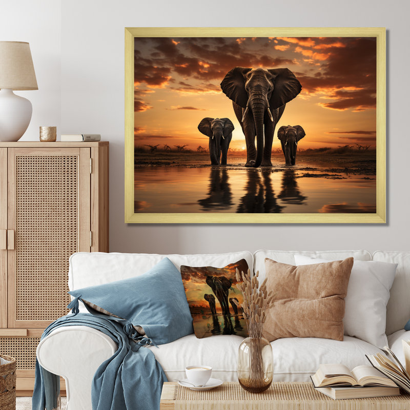 Elephant Shadows of Serenity III - impression, H 24 po x l 32 po x P 1 po, Encadrement doré